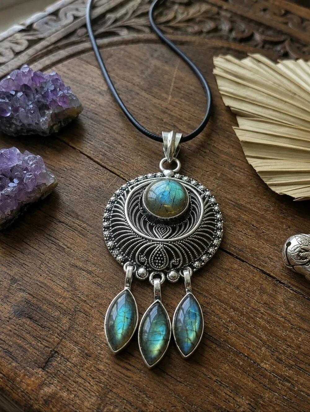 Sterling Silver Labradorite Mandala Dreamcatcher Medallion Pendant Necklace Boho
